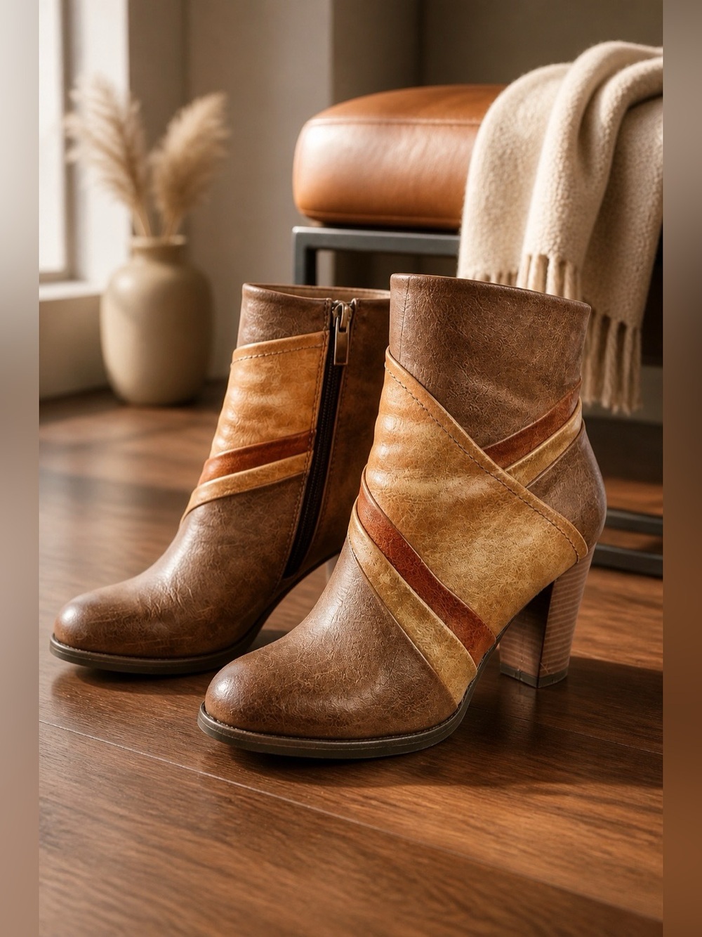 Women's Brown Striped Heeled Ankle Boots